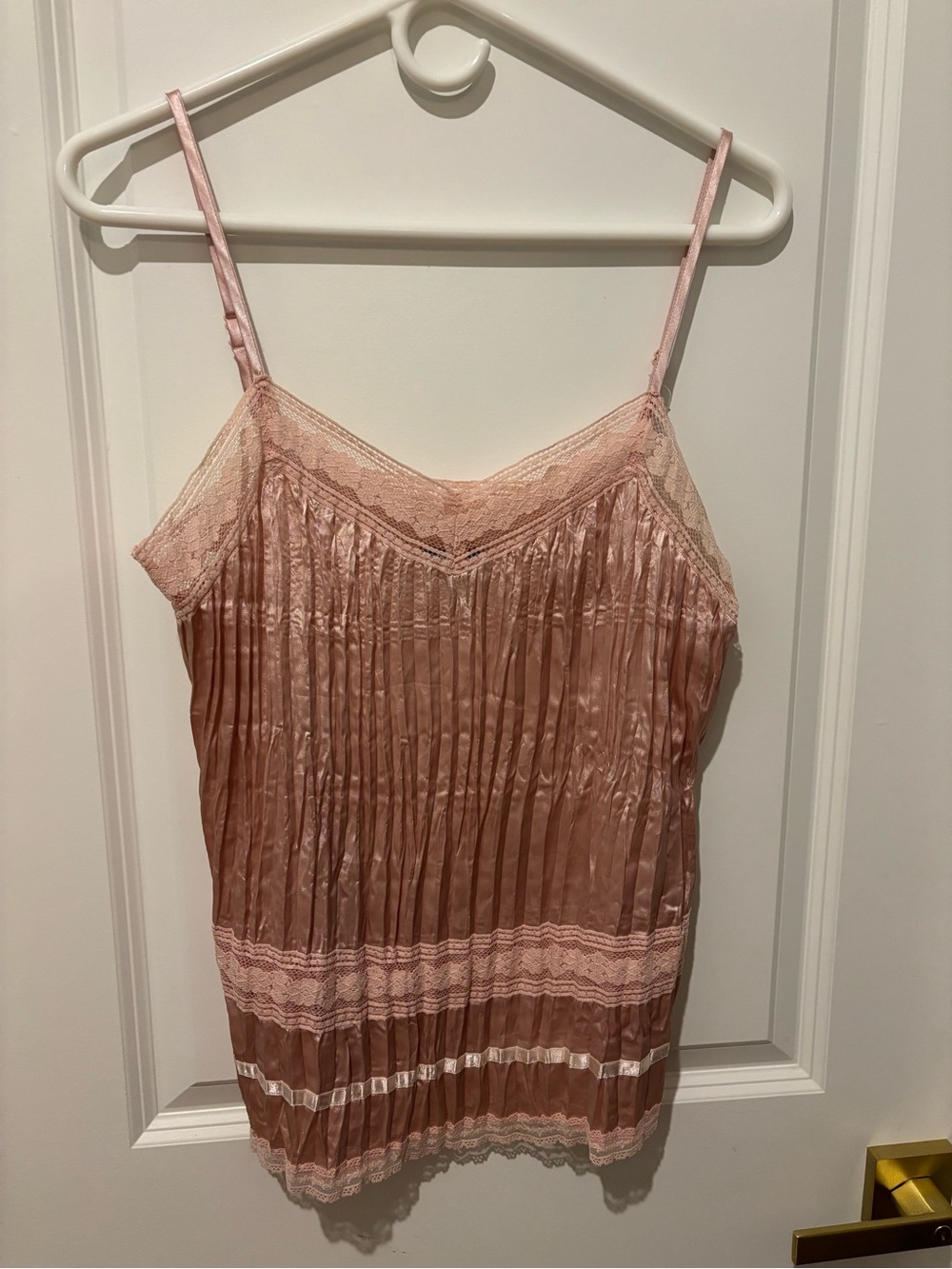 Y2K-style Apt. 9 babydoll pink tank shimmering pleated delicate lace ribbon trim